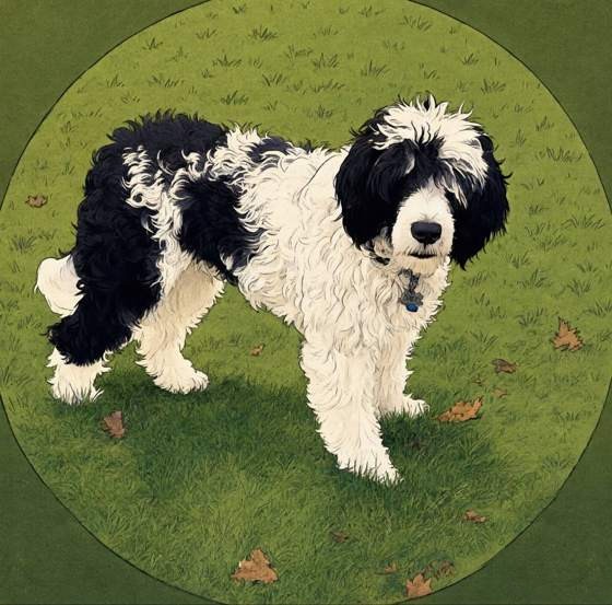Painting of Oreo, a black and white Portuguese Water Dog, on grass